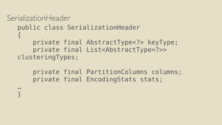 SerializationHeader
public class SerializationHeader
{
private final AbstractType<?> keyType;
private final List<AbstractType<?>>
clusteringTypes;
private final PartitionColumns columns;
private final EncodingStats stats;
…
}
 