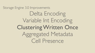 Storage Engine 3.0 Improvements
Delta Encoding
Variable Int Encoding
Clustering Written Once
Aggregated Metadata
Cell Presence
 