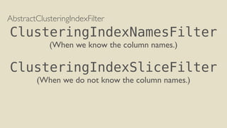 AbstractClusteringIndexFilter
ClusteringIndexNamesFilter
(When we know the column names.)
ClusteringIndexSliceFilter
(When we do not know the column names.)
 