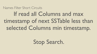 Names Filter Short Circuits
If read all Columns and max
timestamp of next SSTable less than
selected Columns min timestamp.
Stop Search.
 