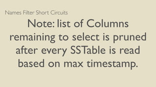 Names Filter Short Circuits
Note: list of Columns
remaining to select is pruned
after every SSTable is read
based on max timestamp.
 