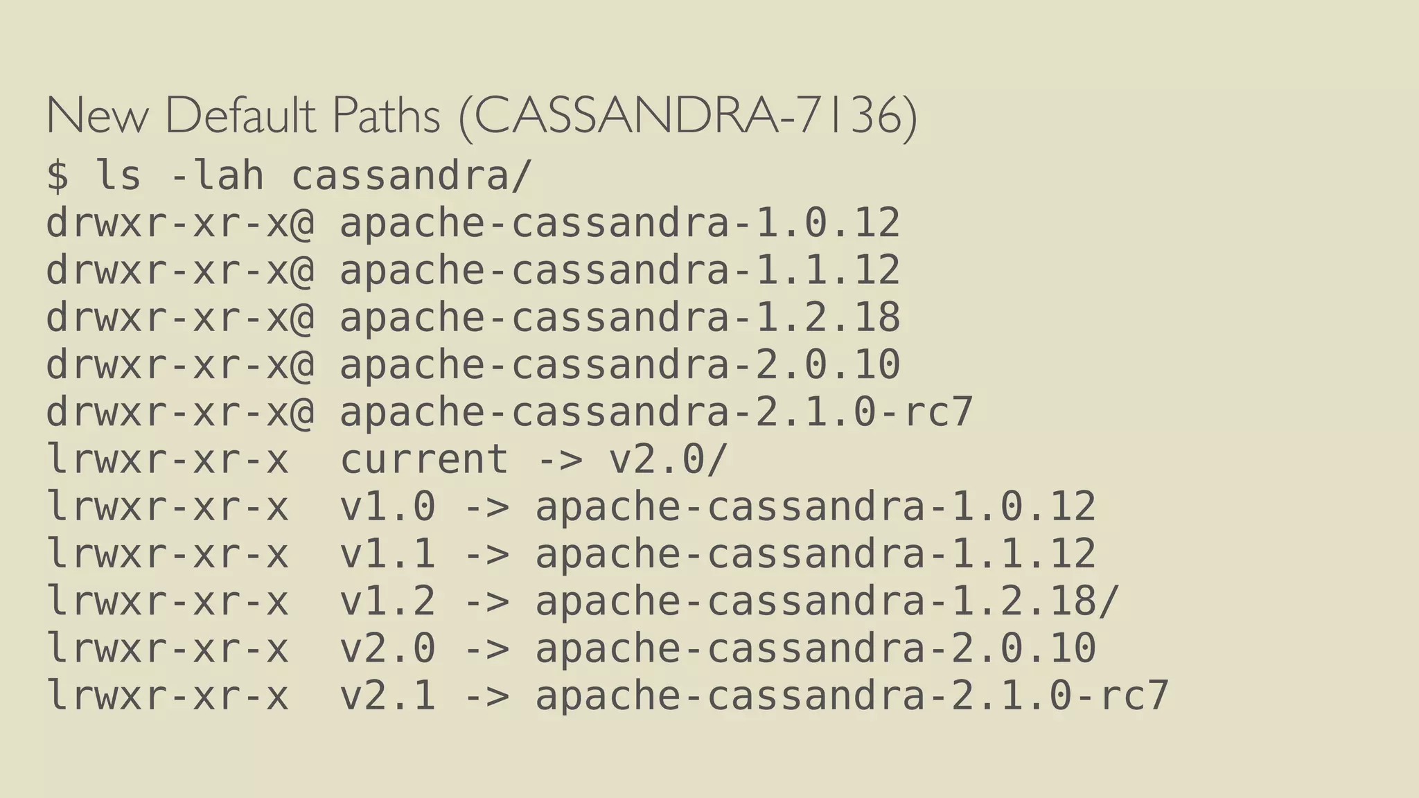 New Default Paths (CASSANDRA-7136) 
$ ls -lah cassandra/ 
drwxr-xr-x@ apache-cassandra-1.0.12 
drwxr-xr-x@ apache-cassandra-1.1.12 
drwxr-xr-x@ apache-cassandra-1.2.18 
drwxr-xr-x@ apache-cassandra-2.0.10 
drwxr-xr-x@ apache-cassandra-2.1.0-rc7 
lrwxr-xr-x current -> v2.0/ 
lrwxr-xr-x v1.0 -> apache-cassandra-1.0.12 
lrwxr-xr-x v1.1 -> apache-cassandra-1.1.12 
lrwxr-xr-x v1.2 -> apache-cassandra-1.2.18/ 
lrwxr-xr-x v2.0 -> apache-cassandra-2.0.10 
lrwxr-xr-x v2.1 -> apache-cassandra-2.1.0-rc7 
 