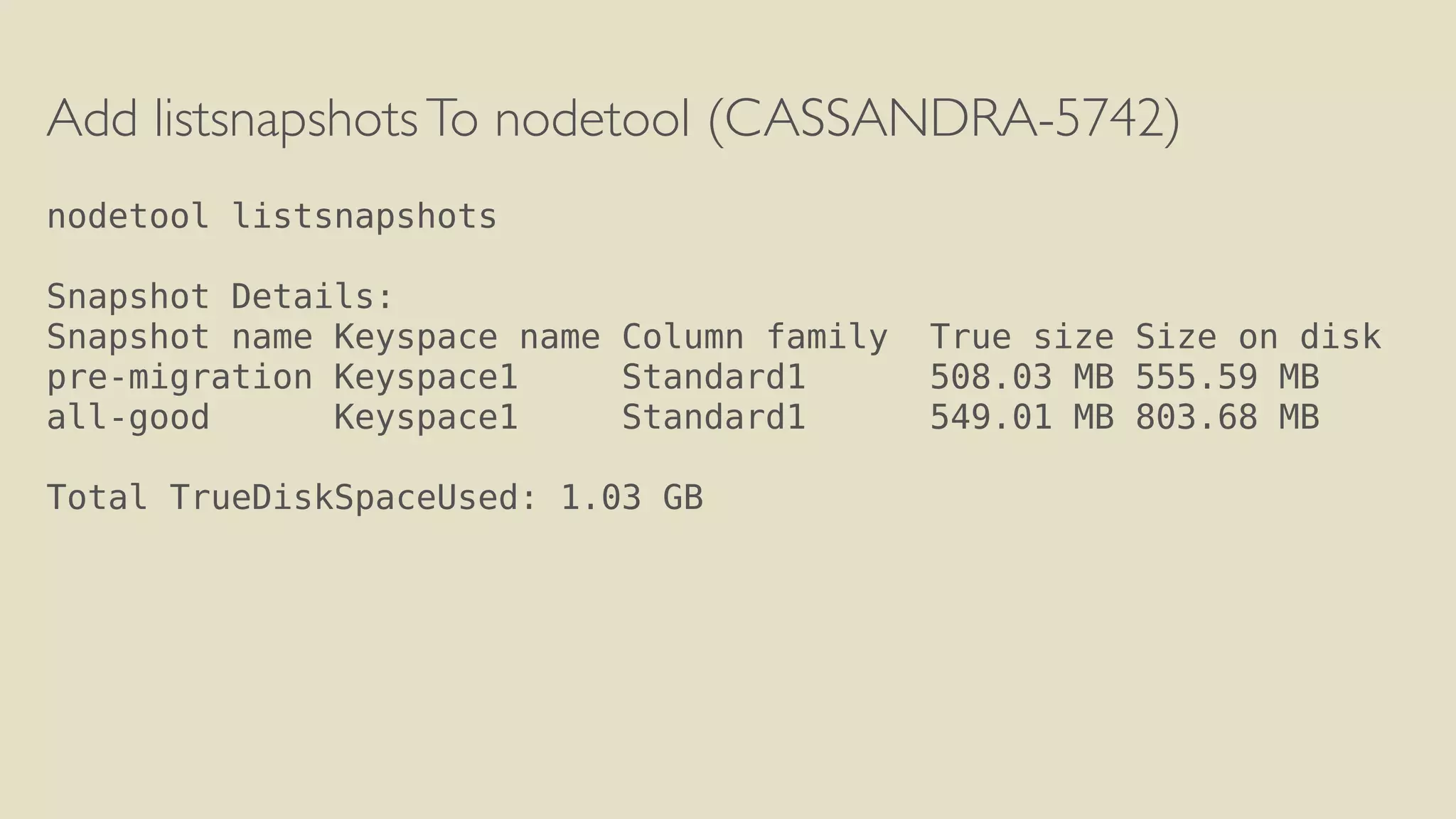 Add listsnapshots To nodetool (CASSANDRA-5742) 
! 
nodetool listsnapshots 
! 
Snapshot Details: 
Snapshot name Keyspace name Column family True size Size on disk 
pre-migration Keyspace1 Standard1 508.03 MB 555.59 MB 
all-good Keyspace1 Standard1 549.01 MB 803.68 MB 
! 
Total TrueDiskSpaceUsed: 1.03 GB 
 