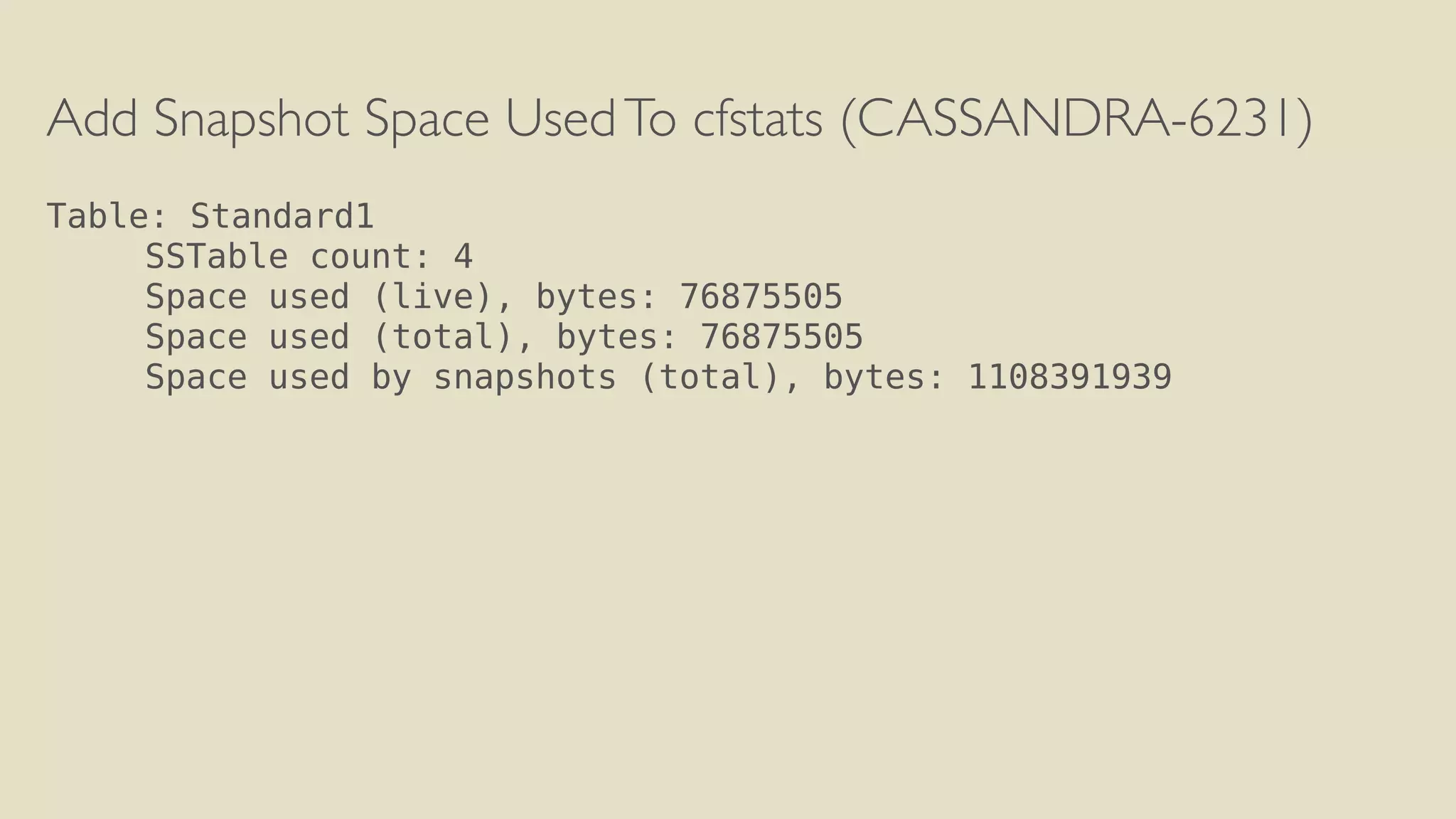 Add Snapshot Space Used To cfstats (CASSANDRA-6231) 
! 
Table: Standard1 
SSTable count: 4 
Space used (live), bytes: 76875505 
Space used (total), bytes: 76875505 
Space used by snapshots (total), bytes: 1108391939 
 
