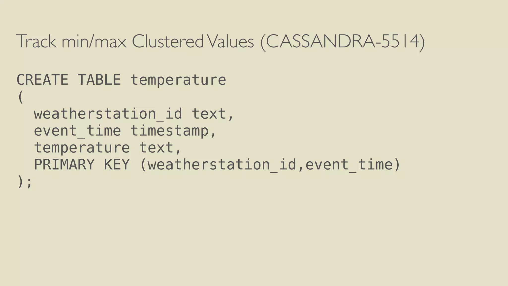 Track min/max Clustered Values (CASSANDRA-5514) 
! 
CREATE TABLE temperature 
( 
weatherstation_id text, 
event_time timestamp, 
temperature text, 
PRIMARY KEY (weatherstation_id,event_time) 
); 
 
