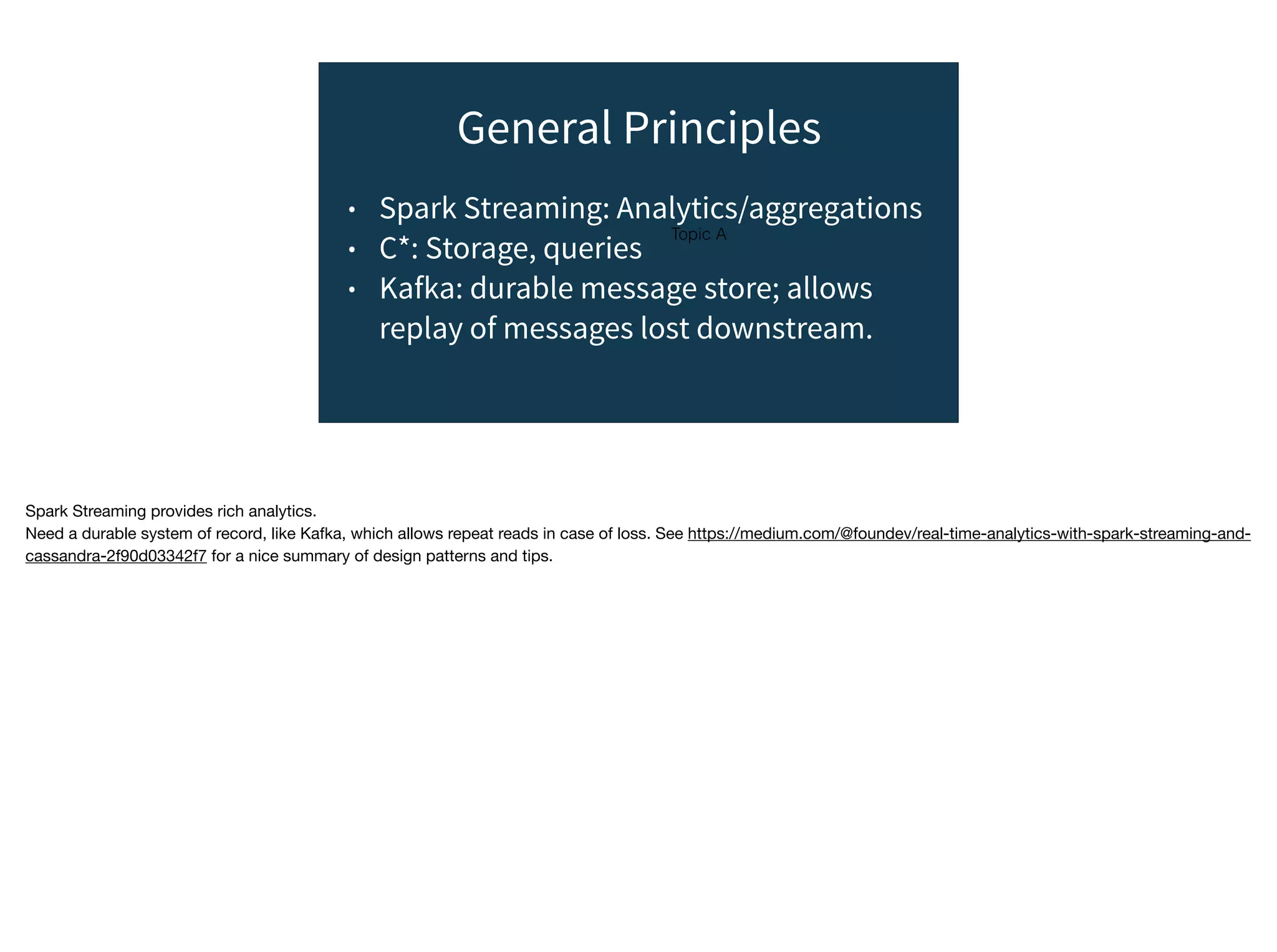 Topic A
General Principles
• Spark Streaming: Analytics/aggregations
• C*: Storage, queries
• Kafka: durable message store; allows
replay of messages lost downstream.
Spark Streaming provides rich analytics.

Need a durable system of record, like Kafka, which allows repeat reads in case of loss. See https://medium.com/@foundev/real-time-analytics-with-spark-streaming-and-
cassandra-2f90d03342f7 for a nice summary of design patterns and tips.
 