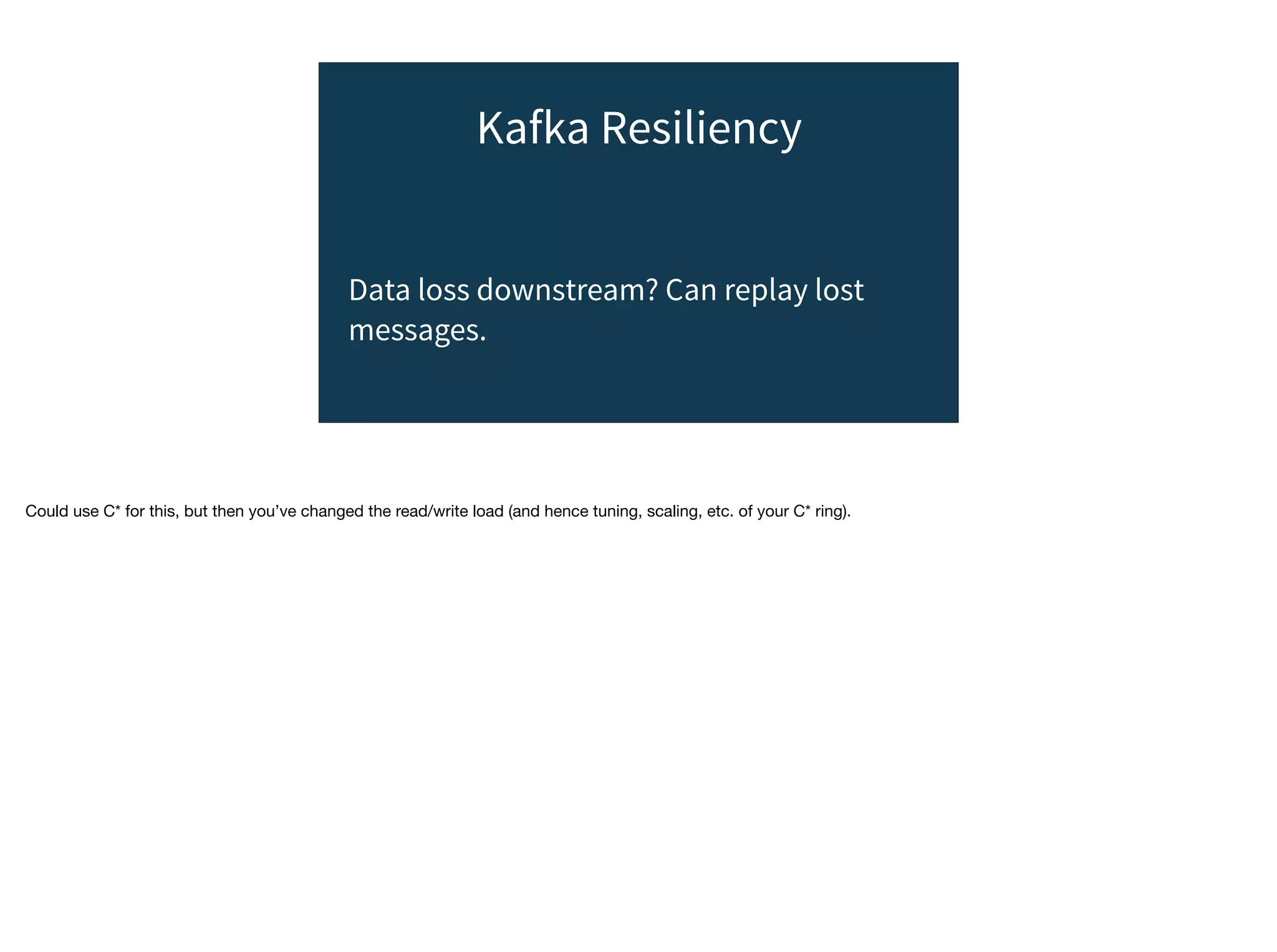 Kafka Resiliency
Data loss downstream? Can replay lost
messages.
Could use C* for this, but then you’ve changed the read/write load (and hence tuning, scaling, etc. of your C* ring).

 