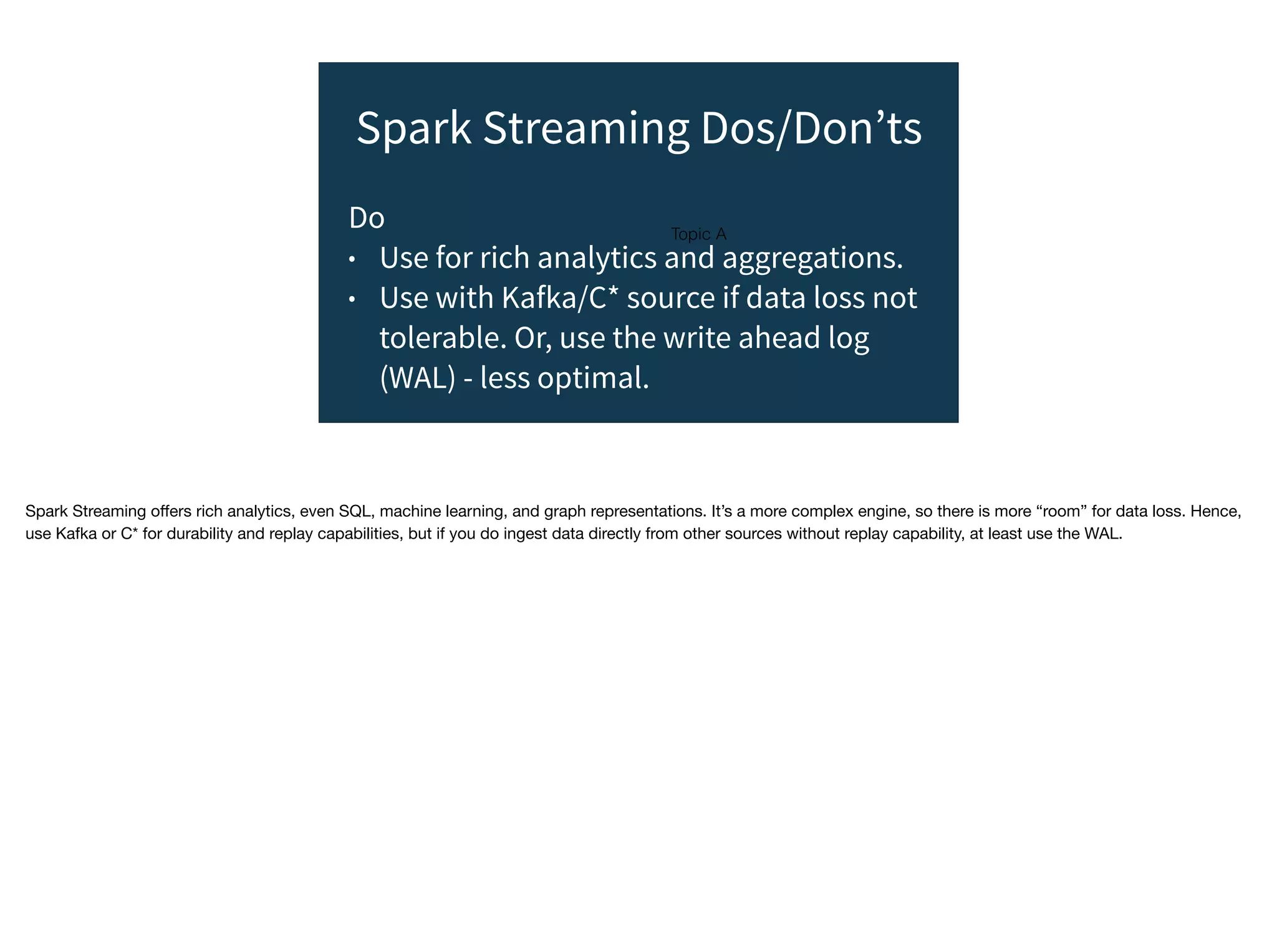 Topic A
Spark Streaming Dos/Don’ts
Do
• Use for rich analytics and aggregations.
• Use with Kafka/C* source if data loss not
tolerable. Or, use the write ahead log
(WAL) - less optimal.
Spark Streaming oﬀers rich analytics, even SQL, machine learning, and graph representations. It’s a more complex engine, so there is more “room” for data loss. Hence,
use Kafka or C* for durability and replay capabilities, but if you do ingest data directly from other sources without replay capability, at least use the WAL.
 