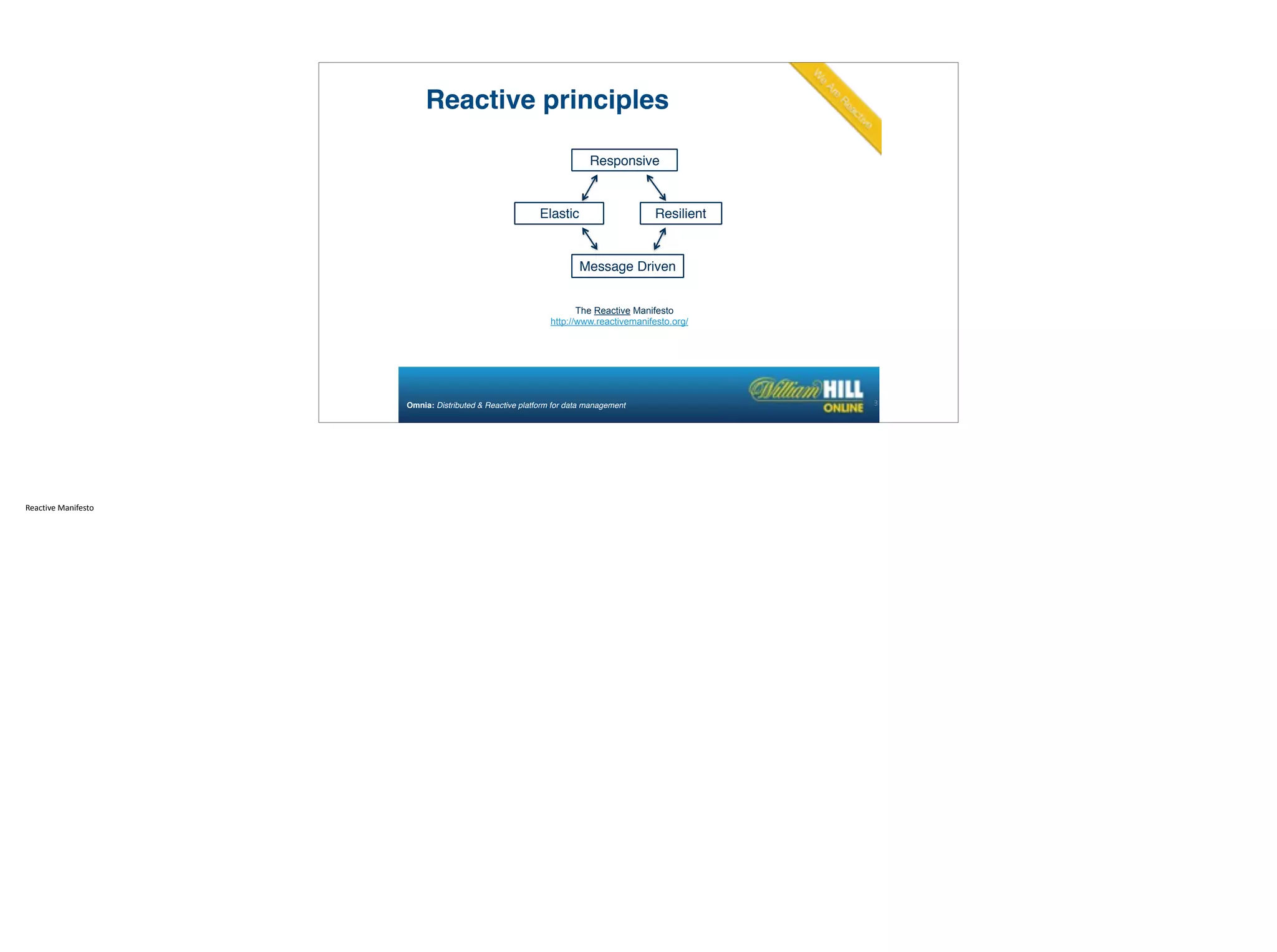 Reactive principles
31
Responsive
Resilient
Message Driven
Elastic
The Reactive Manifesto
http://www.reactivemanifesto.org/
Omnia: Distributed & Reactive platform for data management
Reactive	
  Manifesto
 