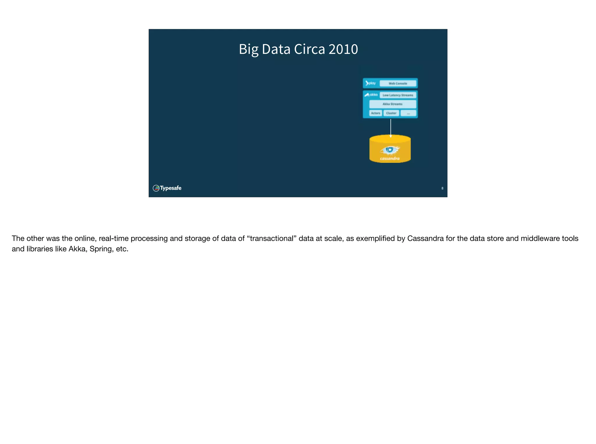 8
Big Data Circa 2010
Akka
The other was the online, real-time processing and storage of data of “transactional” data at scale, as exempliﬁed by Cassandra for the data store and middleware tools
and libraries like Akka, Spring, etc.
 