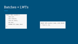 Batches + LWTs
CREATE TABLE vouchers (
name text,
when timeuuid,
sold int static,
who text,
PRIMARY KEY (name, when)
);
INSERT INTO vouchers (name, sold) VALUES
( 'free tv', 0);
 