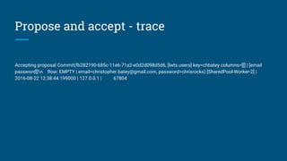 Propose and accept - trace
Accepting proposal Commit(fb282190-685c-11e6-71a2-e0d2d098d5d6, [lwts.users] key=chbatey columns=[[] | [email
password]]n Row: EMPTY | email=christopher.batey@gmail.com, password=chrisrocks) [SharedPool-Worker-2] |
2016-08-22 12:38:44.199000 | 127.0.0.1 | 67804
 