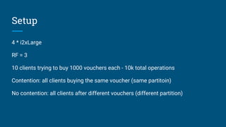 Setup
4 * i2xLarge
RF = 3
10 clients trying to buy 1000 vouchers each - 10k total operations
Contention: all clients buying the same voucher (same partitoin)
No contention: all clients after different vouchers (different partition)
 
