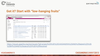 #CASSANDRA13
Got it? Start with “low-hanging fruits”
https://issues.apache.org/jira/issues/?jql=project%20%3D%20CASSANDRA%20AND%20labels%20%3D
%20lhf%20AND%20status%20!%3D%20Resolved
 