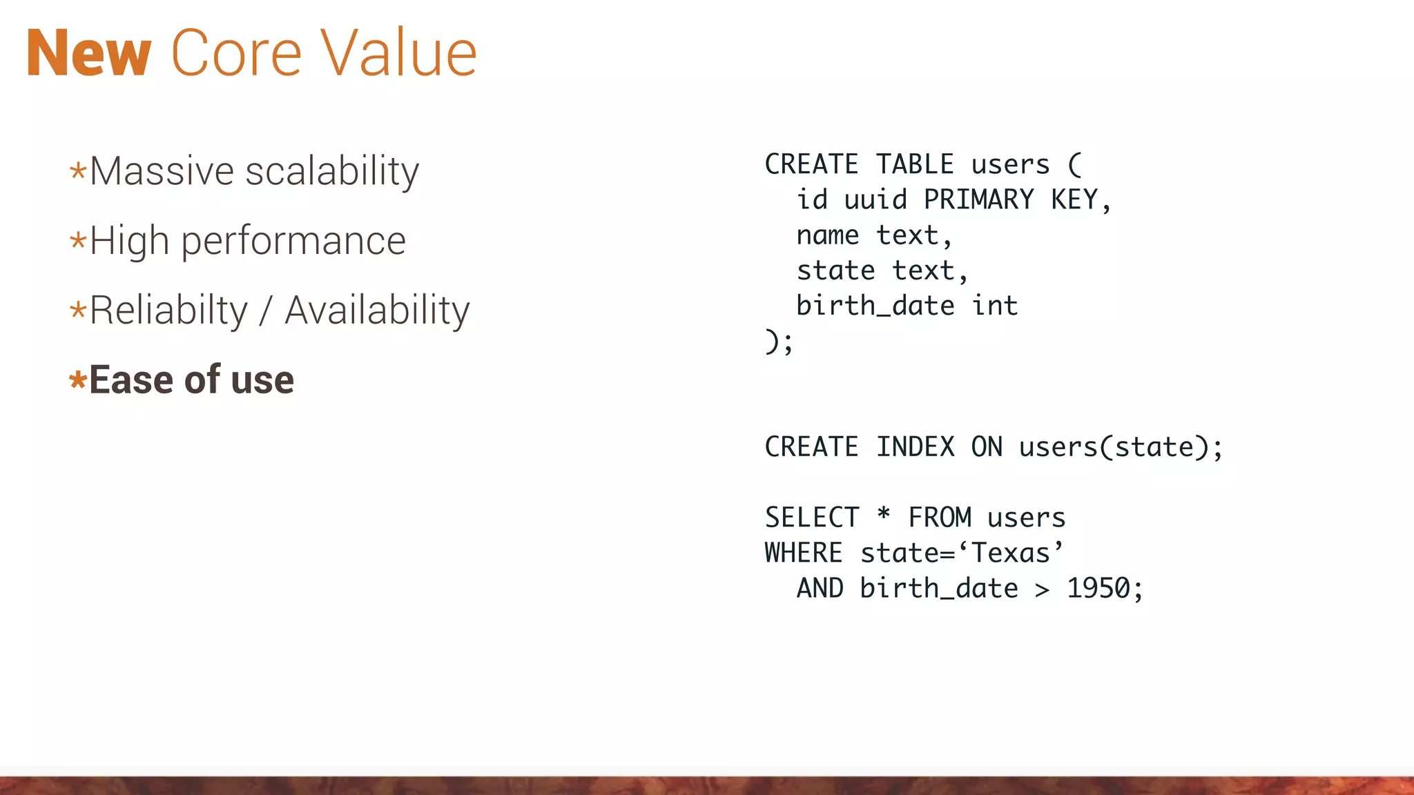 *Massive scalability
*High performance
*Reliabilty / Availability
*Ease of use
CREATE TABLE users (
id uuid PRIMARY KEY,
name text,
state text,
birth_date int
);
CREATE INDEX ON users(state);
SELECT * FROM users
WHERE state=‘Texas’
AND birth_date > 1950;
New Core Value
 