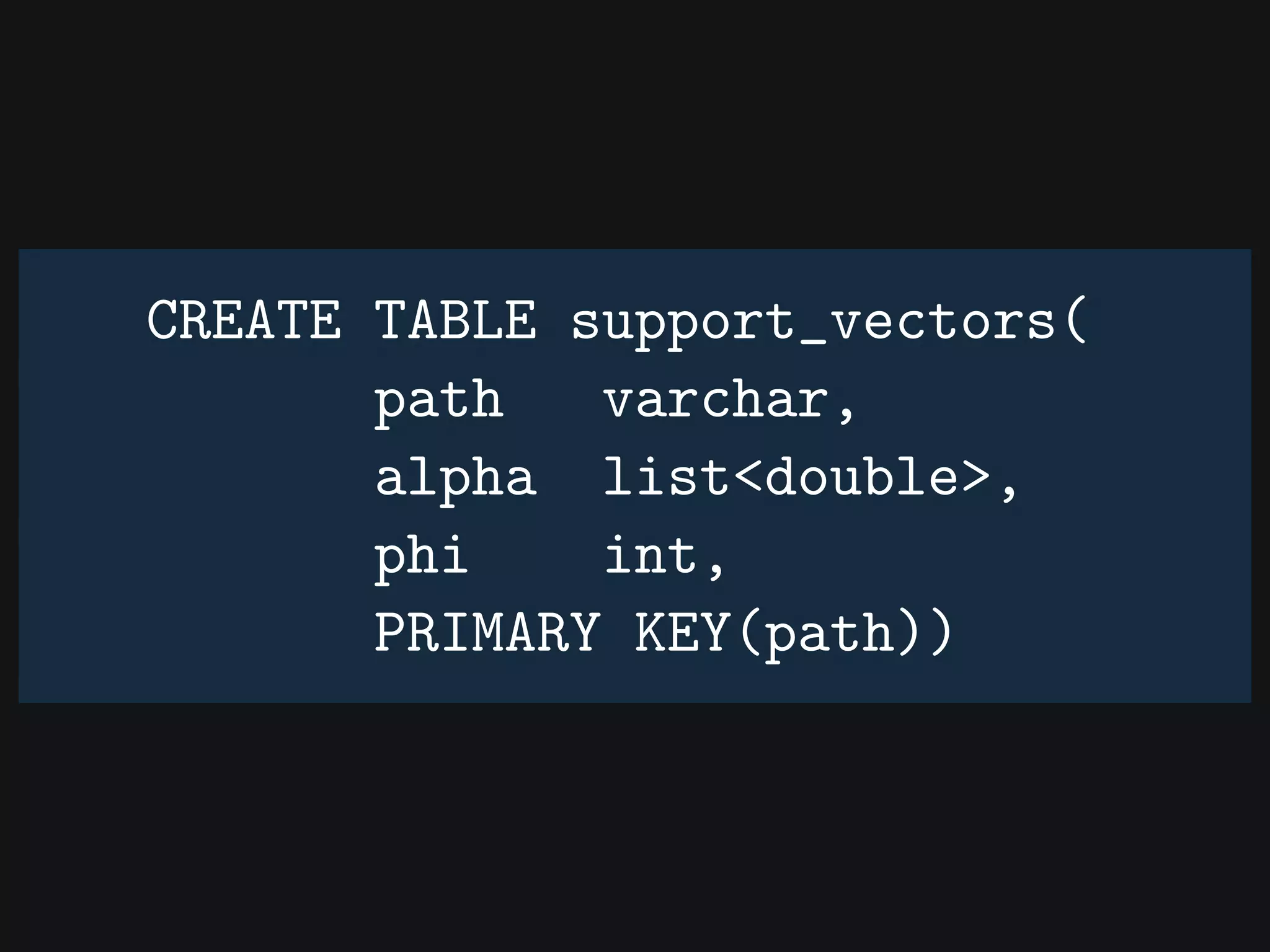 CREATE TABLE support_vectors(
path varchar,
alpha list<double>,
phi int,
PRIMARY KEY(path))
 