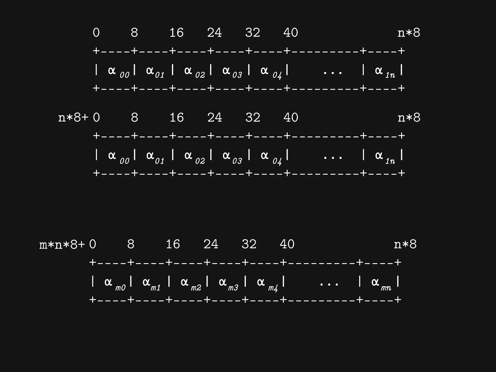 0 8 16 24 32 40 n*8
+----+----+----+----+----+---------+----+
| α | α | α | α | α | ... | α |
+----+----+----+----+----+---------+----+
01 02 03 0400 1n
n*8+ 0 8 16 24 32 40 n*8
+----+----+----+----+----+---------+----+
| α | α | α | α | α | ... | α |
+----+----+----+----+----+---------+----+
01 02 03 0400 1n
m*n*8+ 0 8 16 24 32 40 n*8
+----+----+----+----+----+---------+----+
| α | α | α | α | α | ... | α |
+----+----+----+----+----+---------+----+
m1 m2 m3 m4m0 mn
 