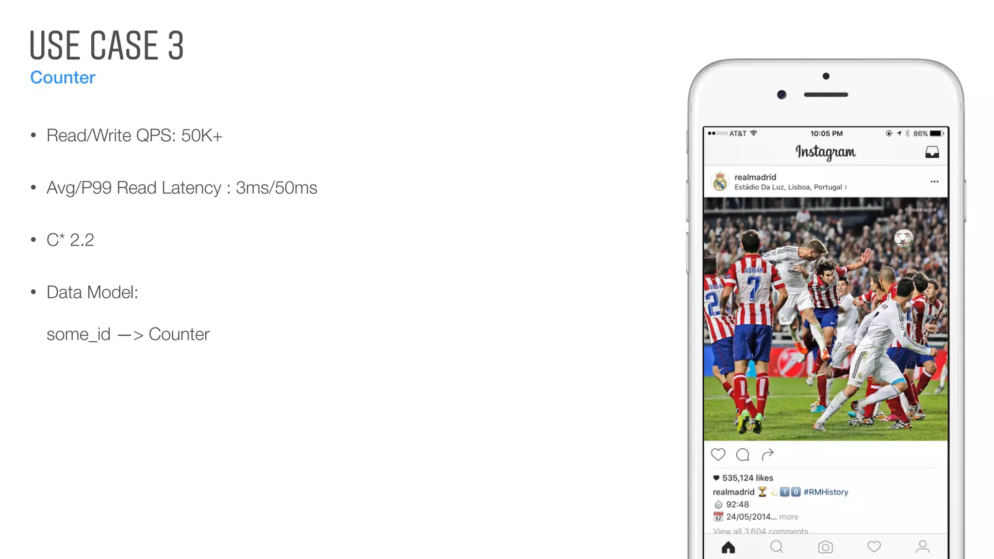 USE CASE 3
Counter
• Read/Write QPS: 50K+
• Avg/P99 Read Latency : 3ms/50ms
• C* 2.2
• Data Model: 
some_id —> Counter
 