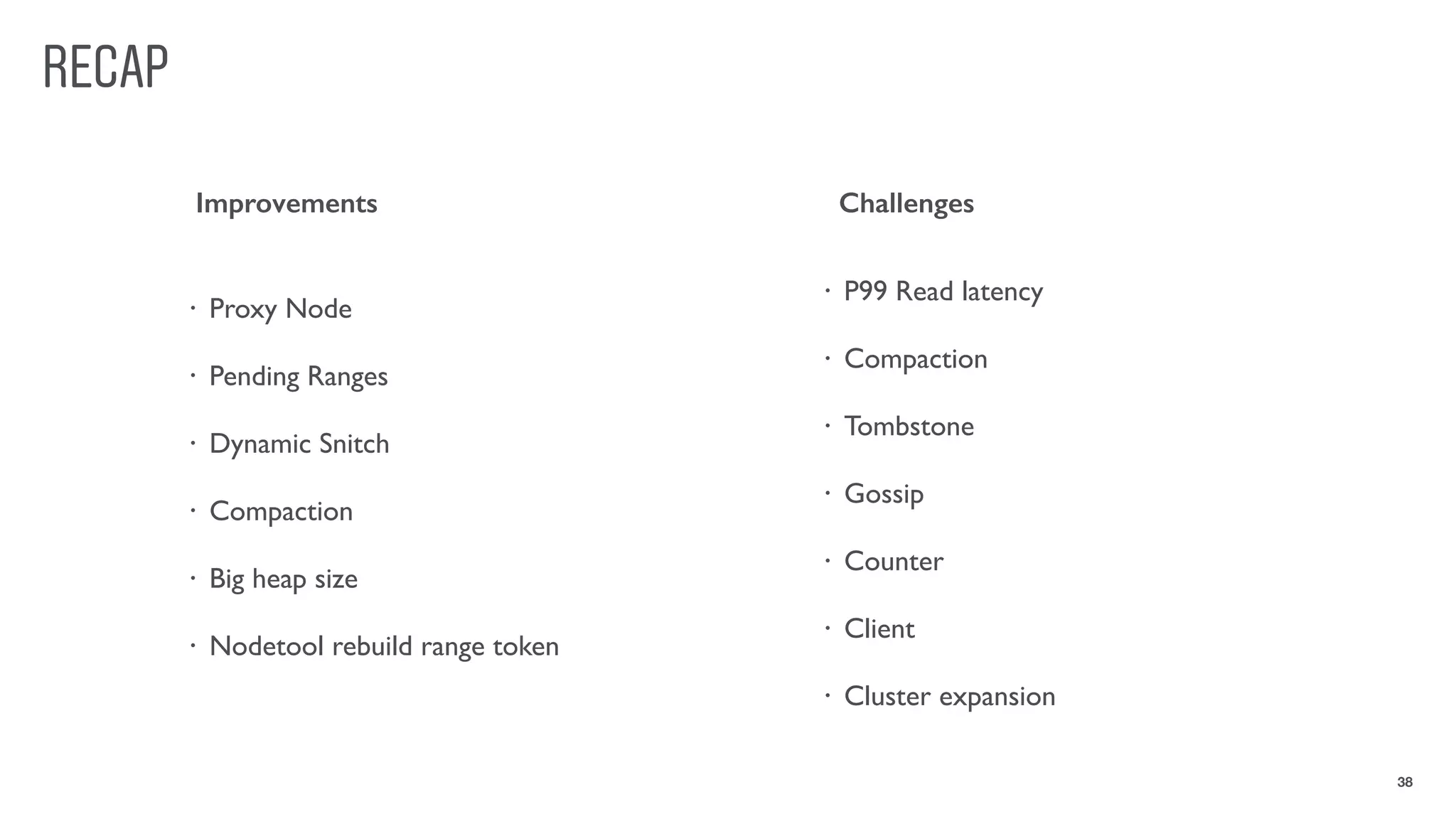 RECAP
38
• Proxy Node
• Pending Ranges
• Dynamic Snitch
• Compaction
• Big heap size
• Nodetool rebuild range token
• P99 Read latency
• Compaction
• Tombstone
• Gossip
• Counter
• Client
• Cluster expansion
ChallengesImprovements
 