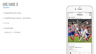 USE CASE 3
Counter
• Read/Write QPS: 50K+
• Avg/P99 Read Latency : 3ms/50ms
• C* 2.2
• Data Model: 
some_id —> Counter
 