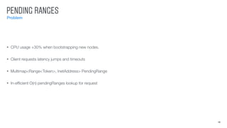 PENDING RANGES
Problem
19
• CPU usage +30% when bootstrapping new nodes.
• Client requests latency jumps and timeouts
• Multimap<Range<Token>, InetAddress> PendingRange
• In-efﬁcient O(n) pendingRanges lookup for request
 