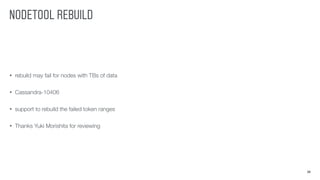 NODETOOL REBUILD
28
• rebuild may fail for nodes with TBs of data
• Cassandra-10406
• support to rebuild the failed token ranges
• Thanks Yuki Morishita for reviewing
 