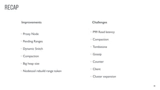 RECAP
38
• Proxy Node
• Pending Ranges
• Dynamic Snitch
• Compaction
• Big heap size
• Nodetool rebuild range token
• P99 Read latency
• Compaction
• Tombstone
• Gossip
• Counter
• Client
• Cluster expansion
ChallengesImprovements
 