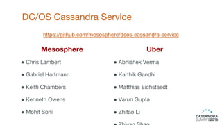 Uber
● Abhishek Verma
● Karthik Gandhi
● Matthias Eichstaedt
● Varun Gupta
● Zhitao Li
DC/OS Cassandra Service
9
Mesospher...