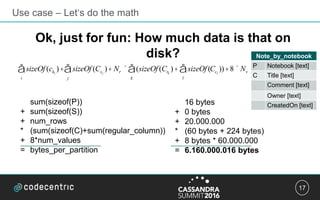 17
Use case – Let‘s do the math
Ok, just for fun: How much data is that on
disk?
sizeOf (cki
)+
i
å sizeOf (Csj
j
å )+ Nr ´ (sizeOf (Crk
)+ sizeOf (
l
å Ccl
))+8´ Nv
k
å
Note_by_notebook
P Notebook [text]
C Title [text]
Comment [text]
Owner [text]
CreatedOn [text]sum(sizeof(P))
+ sum(sizeof(S))
+ num_rows
* (sum(sizeof(C)+sum(regular_column))
+ 8*num_values
= bytes_per_partition
16 bytes
+ 0 bytes
+ 20.000.000
* (60 bytes + 224 bytes)
+ 8 bytes * 60.000.000
= 6.160.000.016 bytes
 