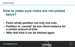 27
How to make sure notes are not picked
twice?
● Fetch whole partition not only one note
● Partition is „owned“ by one client instance for
a certain amount of time
● After that time it can be fetched again
Datamodel
 