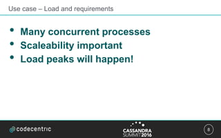 8
• Many concurrent processes
• Scaleability important
• Load peaks will happen!
Use case – Load and requirements
 