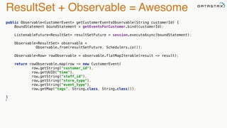 ResultSet + Observable = Awesome 
public Observable<CustomerEvent> getCustomerEventsObservable(String customerId) { 
BoundStatement boundStatement = getEventsForCustomer.bind(customerId); 
ListenableFuture<ResultSet> resultSetFuture = session.executeAsync(boundStatement); 
Observable<ResultSet> observable = 
Observable.from(resultSetFuture, Schedulers.io()); 
Observable<Row> rowObservable = observable.flatMapIterable(result -> result); 
return rowObservable.map(row -> new CustomerEvent( 
row.getString("customer_id"), 
row.getUUID("time"), 
row.getString("staff_id"), 
row.getString("store_type"), 
row.getString("event_type"), 
row.getMap("tags", String.class, String.class))); 
} 
p 
 
