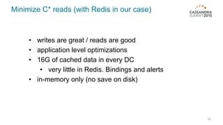Minimize C* reads (with Redis in our case)
54
• writes are great / reads are good
• application level optimizations
• 16G of cached data in every DC
• very little in Redis. Bindings and alerts
• in-memory only (no save on disk)
 
