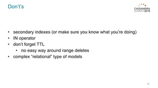 Don’t’s
56
• secondary indexes (or make sure you know what you’re doing)
• IN operator
• don’t forget TTL
• no easy way around range deletes
• complex “relational” type of models
 