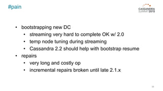 #pain
58
• bootstrapping new DC
• streaming very hard to complete OK w/ 2.0
• temp node tuning during streaming
• Cassandra 2.2 should help with bootstrap resume
• repairs
• very long and costly op
• incremental repairs broken until late 2.1.x
 