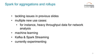 Spark for aggregations and rollups
61
• tackling issues in previous slides
• multiple new use cases:
• for instance, heavy throughput data for network
analysis
• machine learning
• Kafka & Spark Streaming
• currently experimenting
 