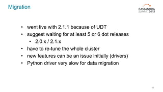 Migration
55
• went live with 2.1.1 because of UDT
• suggest waiting for at least 5 or 6 dot releases
• 2.0.x / 2.1.x
• have to re-tune the whole cluster
• new features can be an issue initially (drivers)
• Python driver very slow for data migration
 