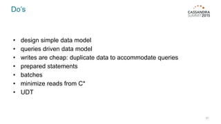 Do’s
57
• design simple data model
• queries driven data model
• writes are cheap: duplicate data to accommodate queries
• prepared statements
• batches
• minimize reads from C*
• UDT
 