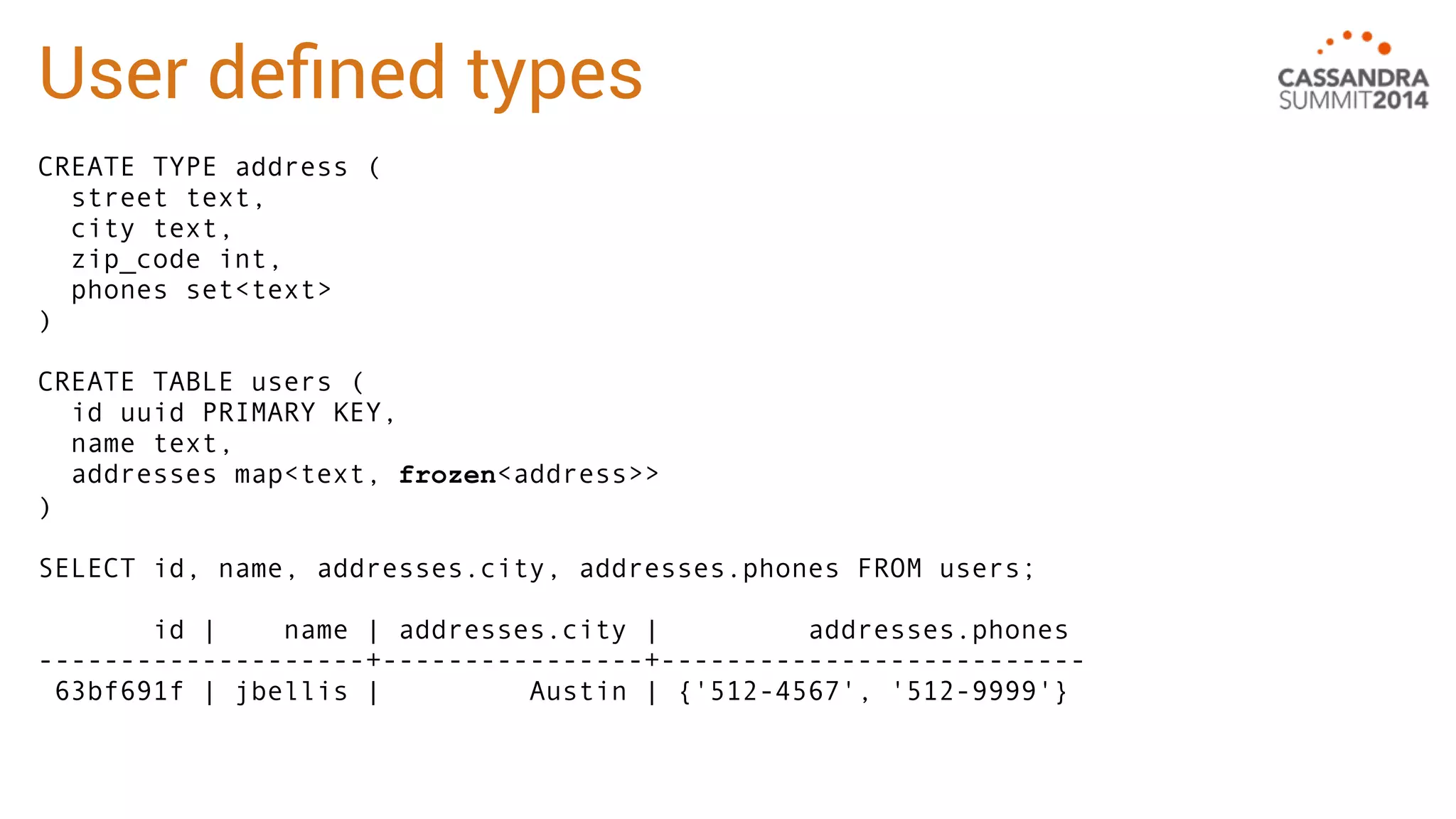 User defined types 
CREATE TYPE address ( 
street text, 
city text, 
zip_code int, 
phones set<text> 
) 
CREATE TABLE users ( 
id uuid PRIMARY KEY, 
name text, 
addresses map<text, frozen<address>> 
) 
SELECT id, name, addresses.city, addresses.phones FROM users; 
id | name | addresses.city | addresses.phones 
--------------------+----------------+-------------------------- 
63bf691f | jbellis | Austin | {'512-4567', '512-9999'} 
 