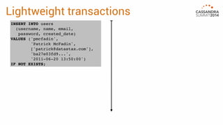 Lightweight transactions 
INSERT INTO users 
(username, name, email, 
password, created_date) 
VALUES ('pmcfadin', 
'Patrick McFadin', 
['patrick@datastax.com'], 
'ba27e03fd9...', 
'2011-06-20 13:50:00') 
IF NOT EXISTS; 
 