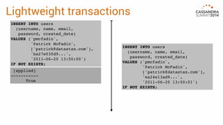 Lightweight transactions 
INSERT INTO users 
(username, name, email, 
password, created_date) 
VALUES ('pmcfadin', 
'Patrick McFadin', 
['patrick@datastax.com'], 
'ba27e03fd9...', 
'2011-06-20 13:50:00') 
IF NOT EXISTS; 
[applied] 
----------- 
True 
INSERT INTO users 
(username, name, email, 
password, created_date) 
VALUES ('pmcfadin', 
'Patrick McFadin', 
['patrick@datastax.com'], 
'ea24e13ad9...', 
'2011-06-20 13:50:01') 
IF NOT EXISTS; 
 