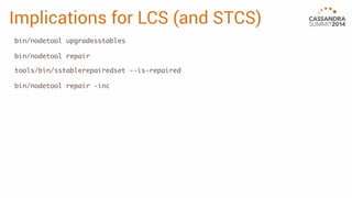 Implications for LCS (and STCS) 
bin/nodetool upgradesstables 
tools/bin/sstablerepairedset --is-repaired 
bin/nodetool repair 
bin/nodetool repair -inc 
 