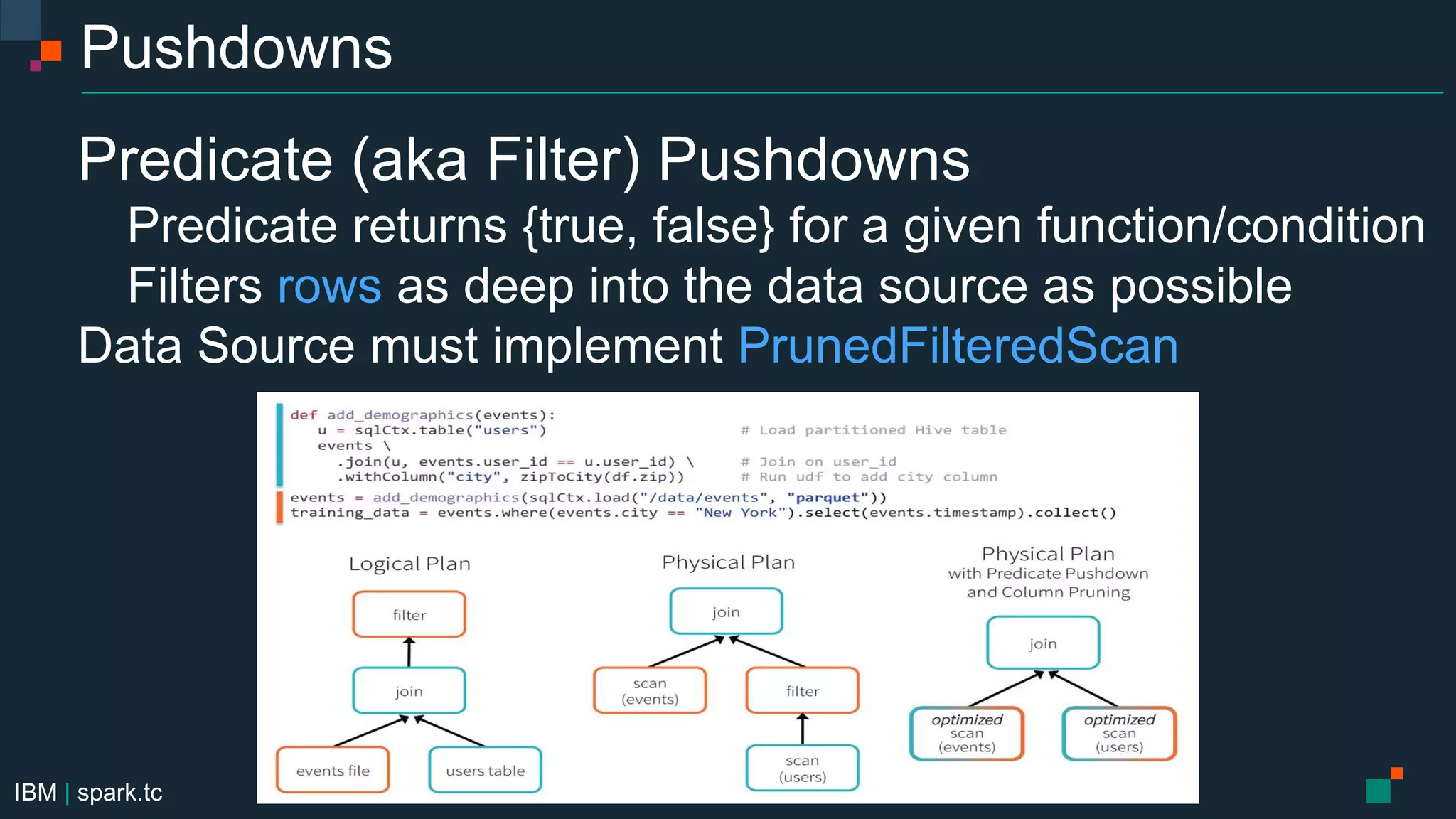 IBM | spark.tc
Pushdowns
Predicate (aka Filter) Pushdowns
Predicate returns {true, false} for a given function/condition
Filters rows as deep into the data source as possible
Data Source must implement PrunedFilteredScan
 