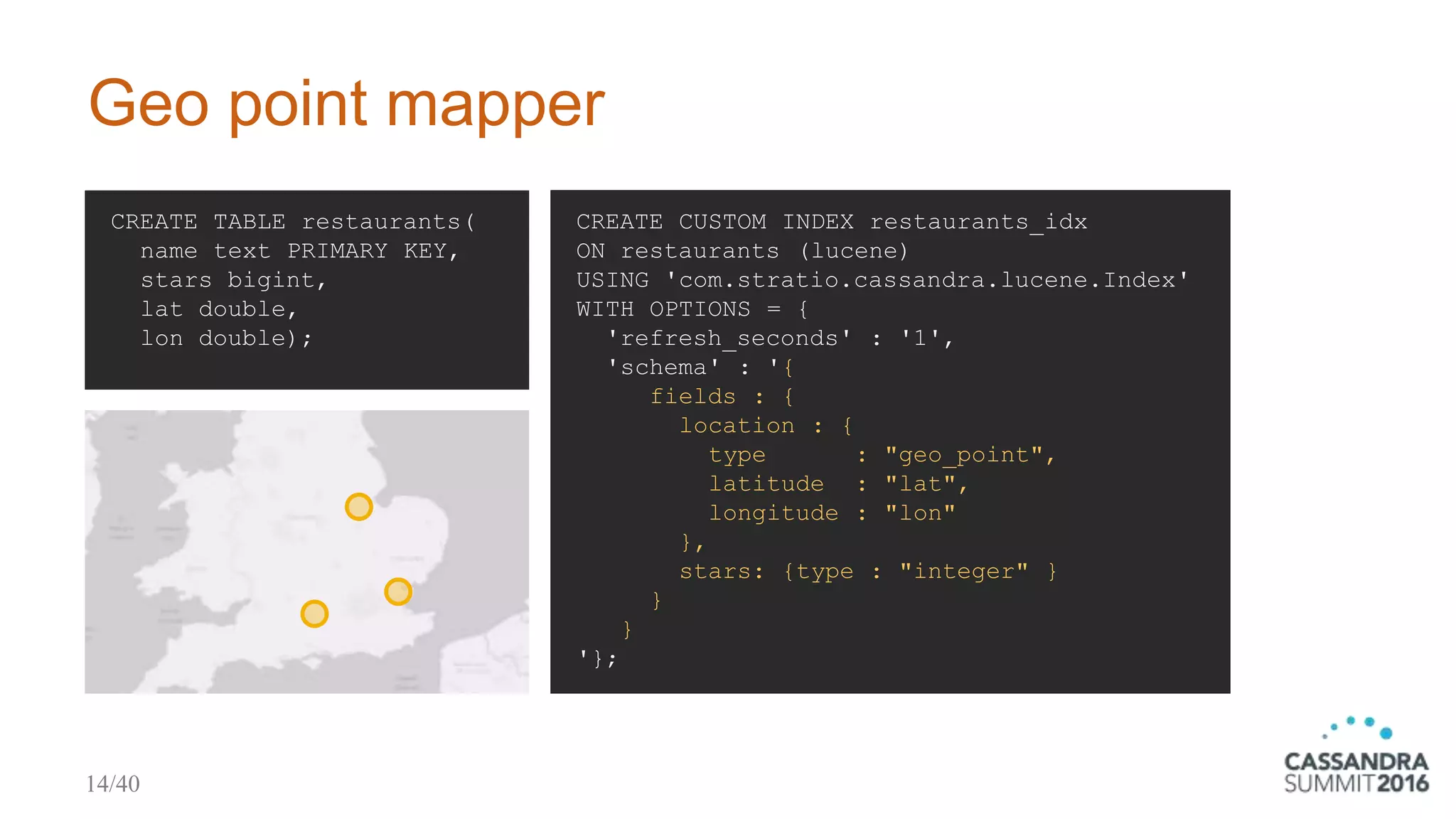 Geo point mapper
CREATE CUSTOM INDEX restaurants_idx
ON restaurants (lucene)
USING 'com.stratio.cassandra.lucene.Index'
WITH OPTIONS = {
'refresh_seconds' : '1',
'schema' : '{
fields : {
location : {
type : "geo_point",
latitude : "lat",
longitude : "lon"
},
stars: {type : "integer" }
}
}
'};
CREATE TABLE restaurants(
name text PRIMARY KEY,
stars bigint,
lat double,
lon double);
14/40
 