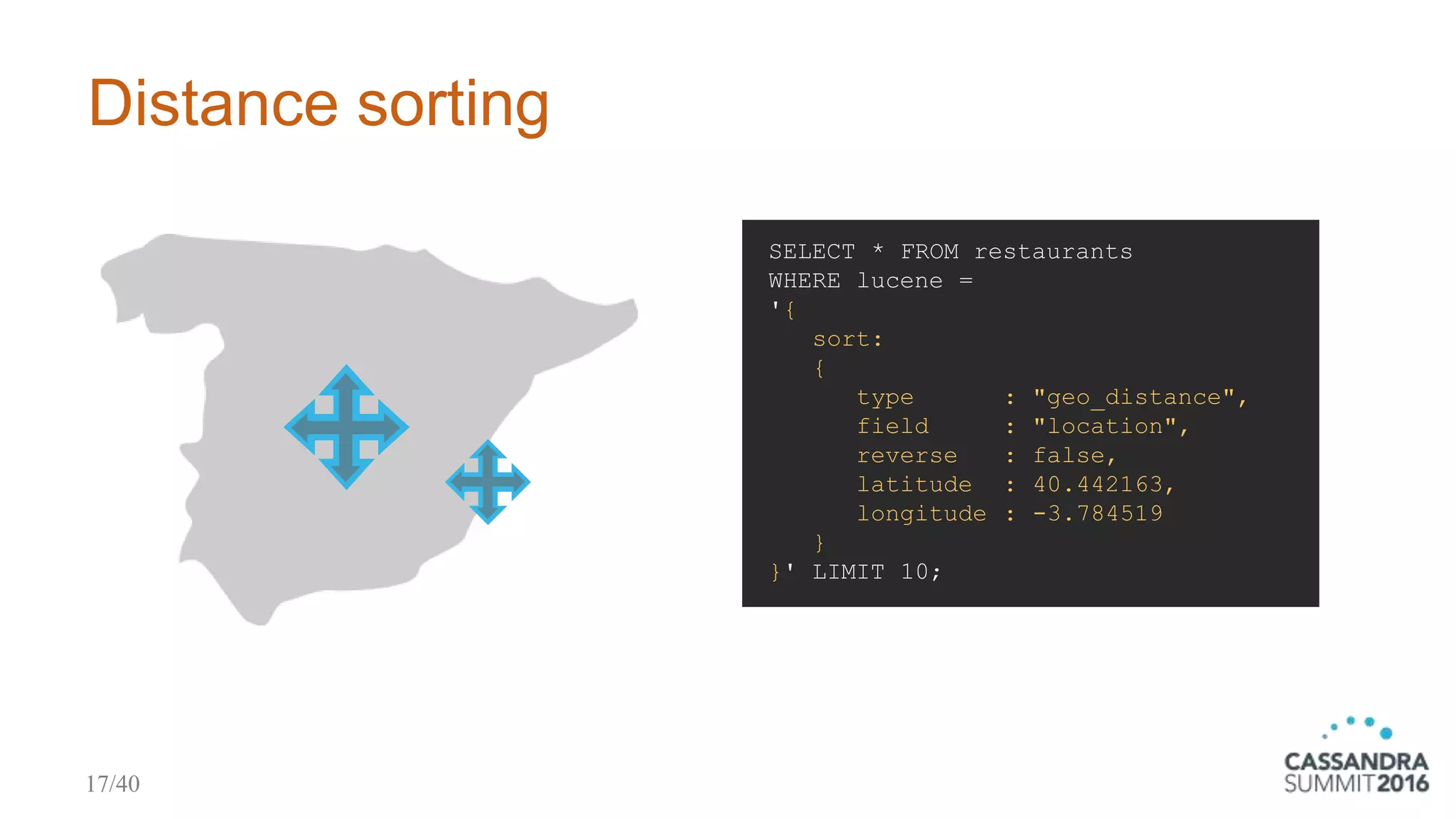 Distance sorting
SELECT * FROM restaurants
WHERE lucene =
'{
sort:
{
type : "geo_distance",
field : "location",
reverse : false,
latitude : 40.442163,
longitude : -3.784519
}
}' LIMIT 10;
17/40
 