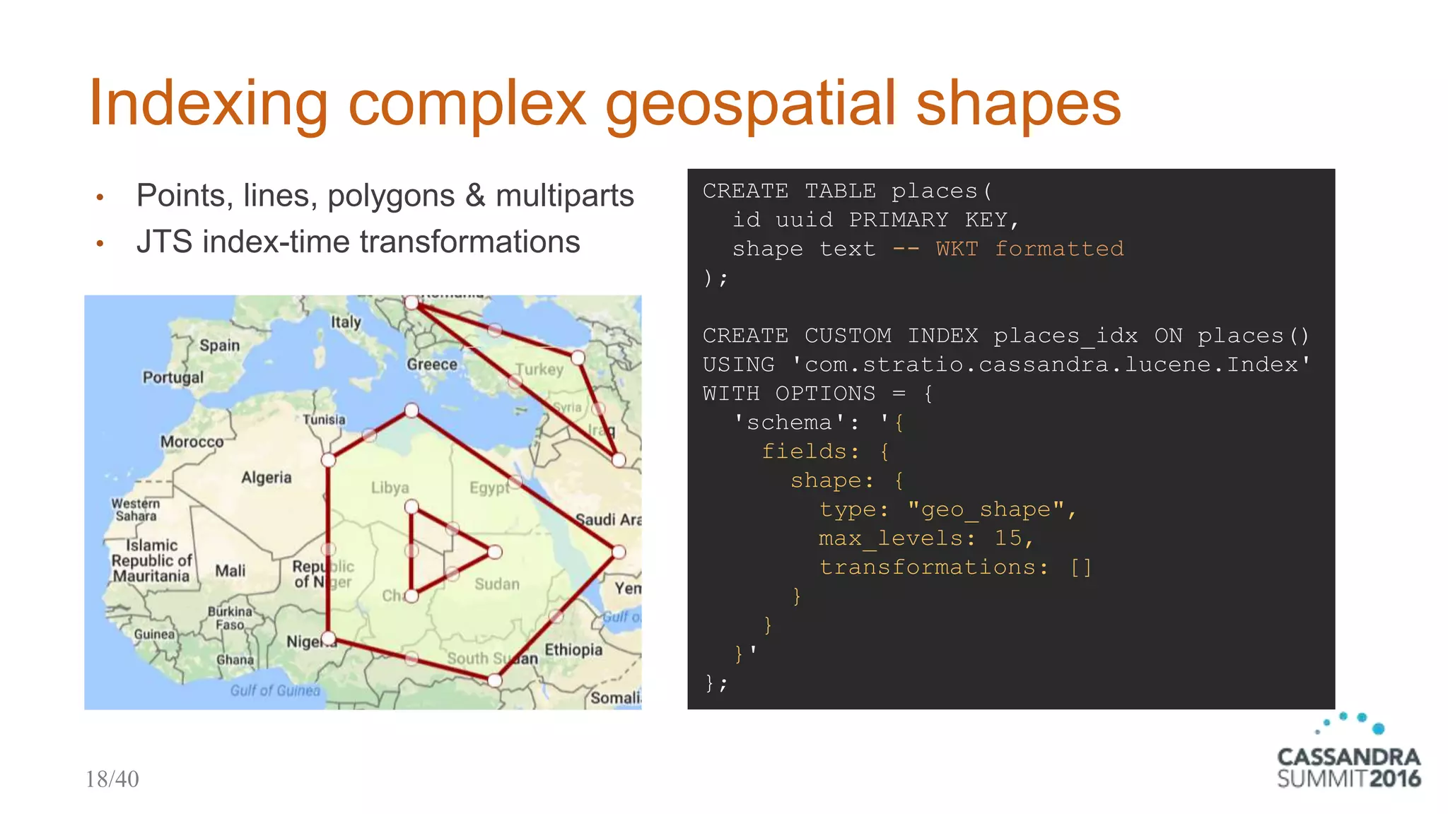 Indexing complex geospatial shapes
CREATE TABLE places(
id uuid PRIMARY KEY,
shape text -- WKT formatted
);
CREATE CUSTOM INDEX places_idx ON places()
USING 'com.stratio.cassandra.lucene.Index'
WITH OPTIONS = {
'schema': '{
fields: {
shape: {
type: "geo_shape",
max_levels: 15,
transformations: []
}
}
}'
};
• Points, lines, polygons & multiparts
• JTS index-time transformations
18/40
 