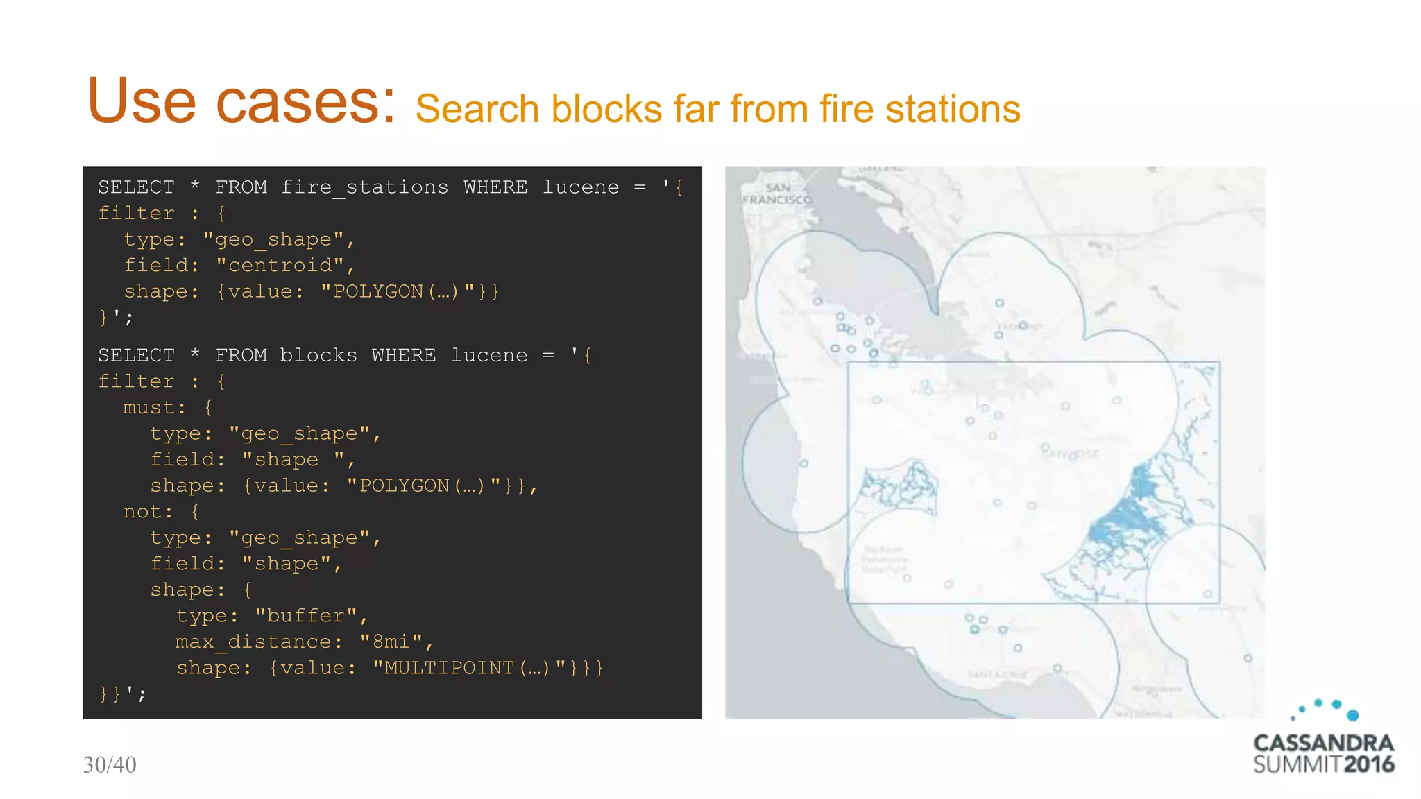Use cases: Search blocks far from fire stations
SELECT * FROM fire_stations WHERE lucene = '{
filter : {
type: "geo_shape",
field: "centroid",
shape: {value: "POLYGON(…)"}}
}';
SELECT * FROM blocks WHERE lucene = '{
filter : {
must: {
type: "geo_shape",
field: "shape ",
shape: {value: "POLYGON(…)"}},
not: {
type: "geo_shape",
field: "shape",
shape: {
type: "buffer",
max_distance: "8mi",
shape: {value: "MULTIPOINT(…)"}}}
}}';
30/40
 