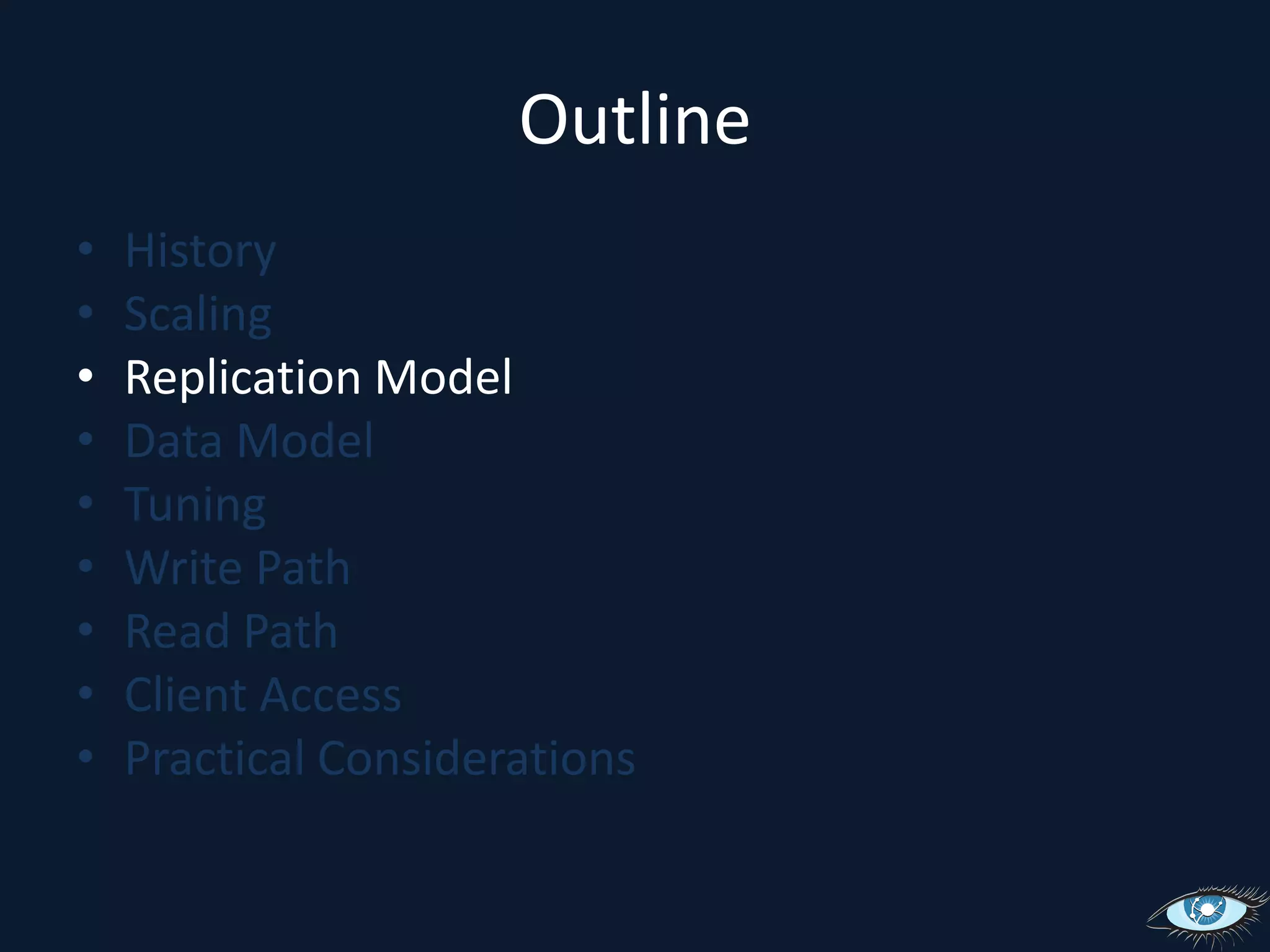OutlineHistoryScalingReplication ModelData ModelTuningWrite PathRead PathClient AccessPractical Considerations