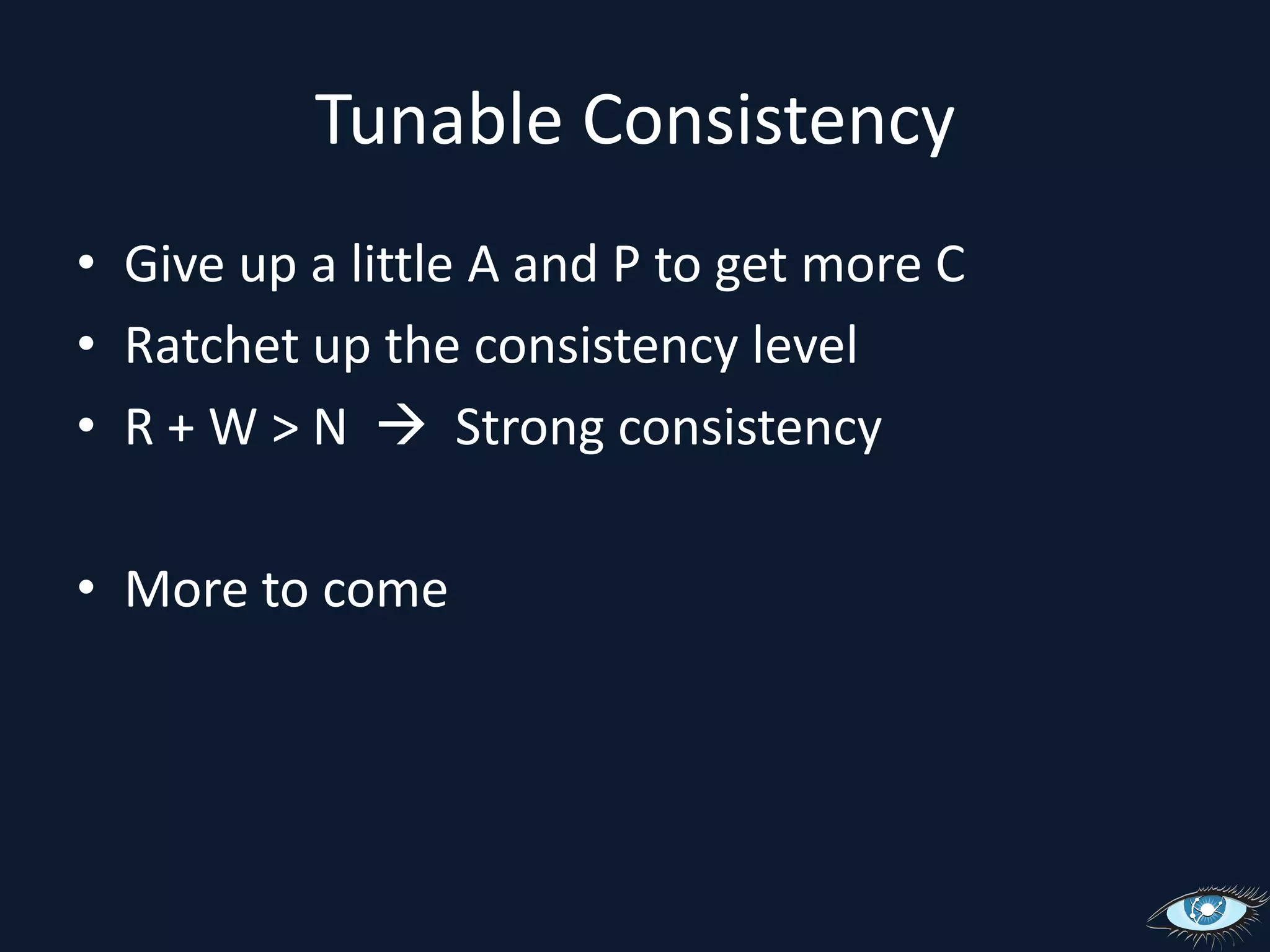 Eventually ConsistentCAP TheoremConsistencyAvailabilityPartition ToleranceChoose twoCassandra chooses A and PBut…