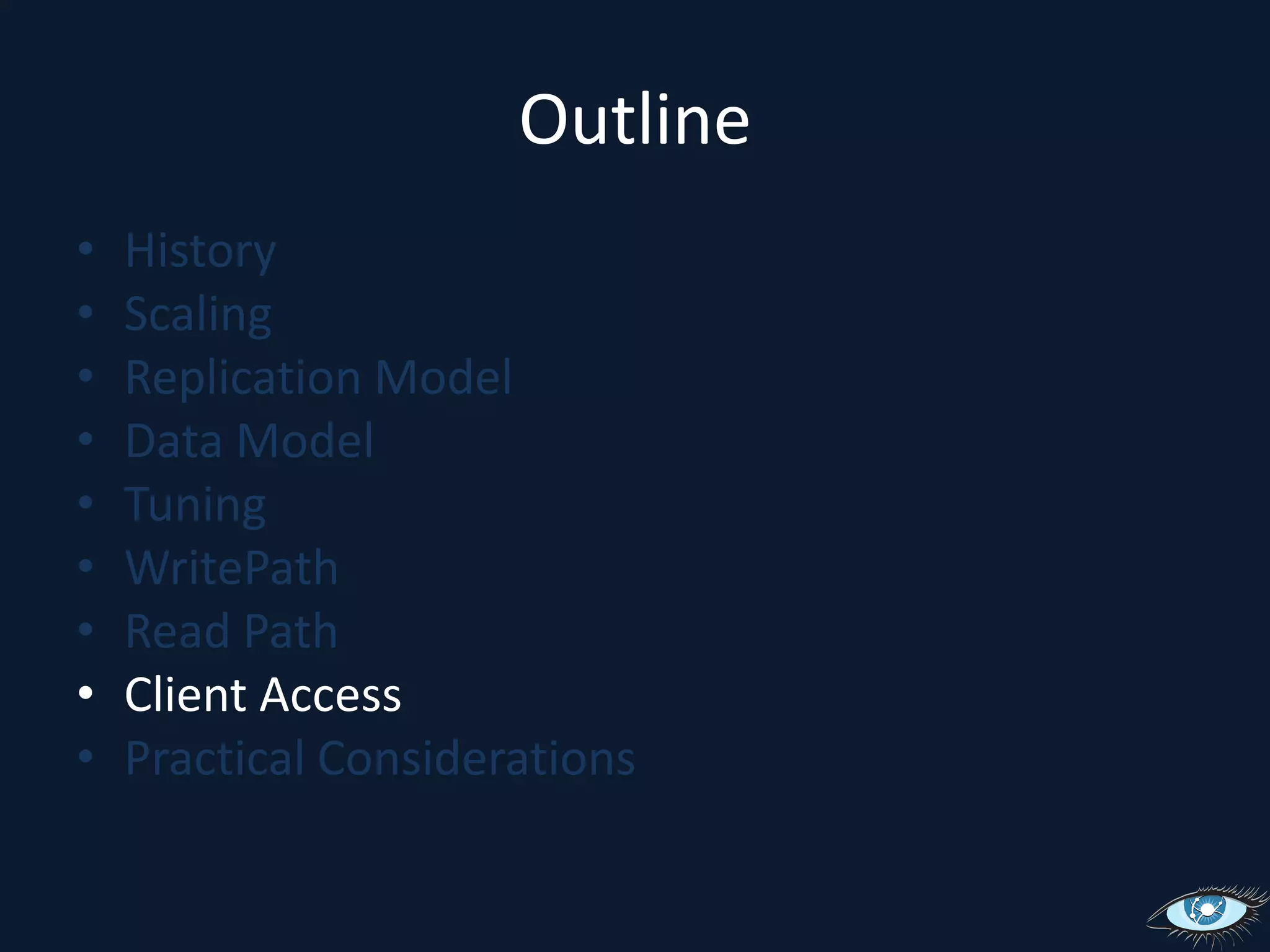Querying: OverviewYou need a key or keys:Single: key=‘a’Range: key=‘a’ through ’f’And columns to retrieve:Slice:  cols={bar through kite}By name: key=‘b’ cols={bar, cat, llama}Nothing like SQL “WHERE col=‘faz’”But secondary indices are being worked on (see CASSANDRA-749)